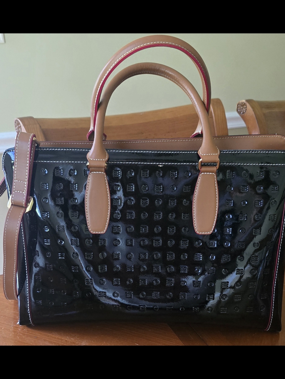 Leather - Italian Patent Tote Bag w/Tan Red Accents, Double Strap, Structured - Picture 3 of 12